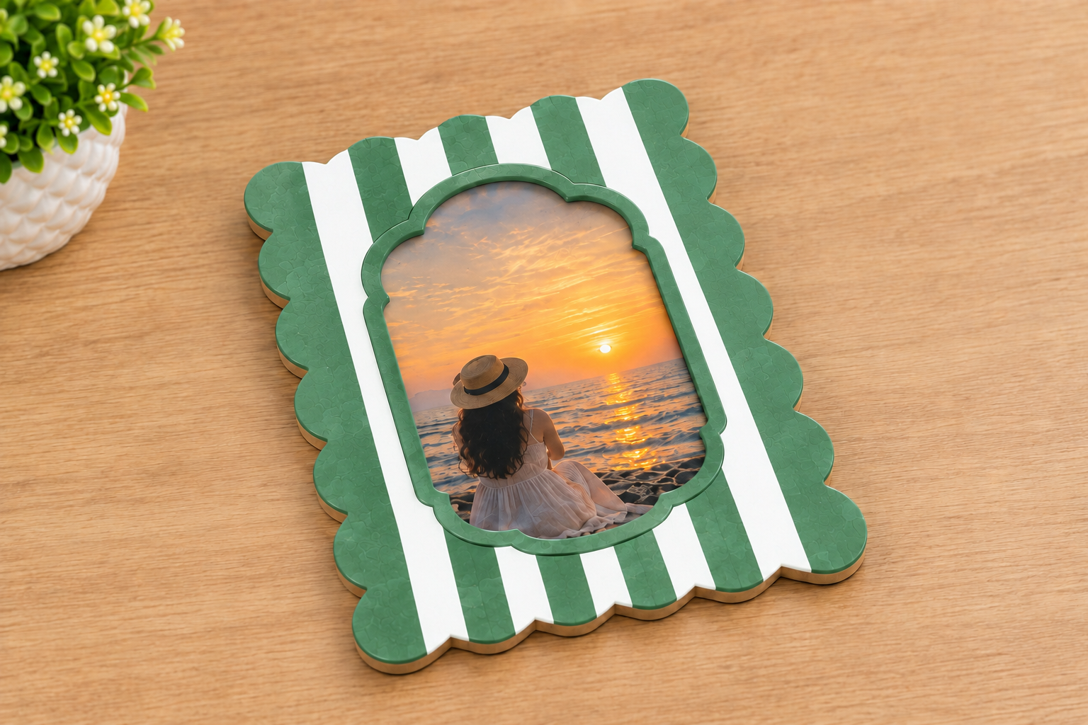 RB ARTISAN Green White Stripe Scallop Resin Photo Frame RB ARTISAN handcrafted green white stripe scallop edge resin photo frame sage green botanical picture frame home decor made in India