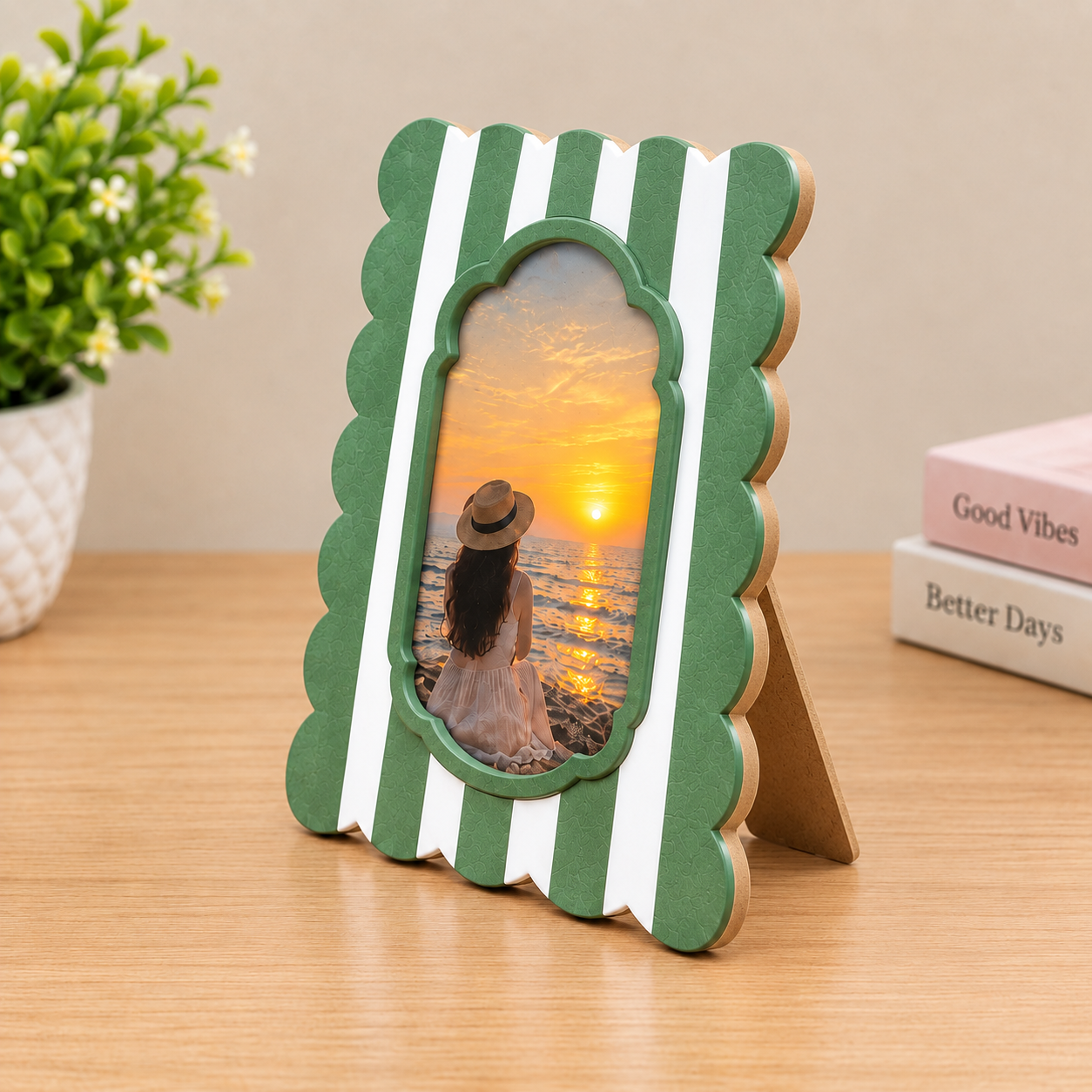 RB ARTISAN Green White Stripe Scallop Resin Photo Frame RB ARTISAN handcrafted green white stripe scallop edge resin photo frame sage green botanical picture frame home decor made in India