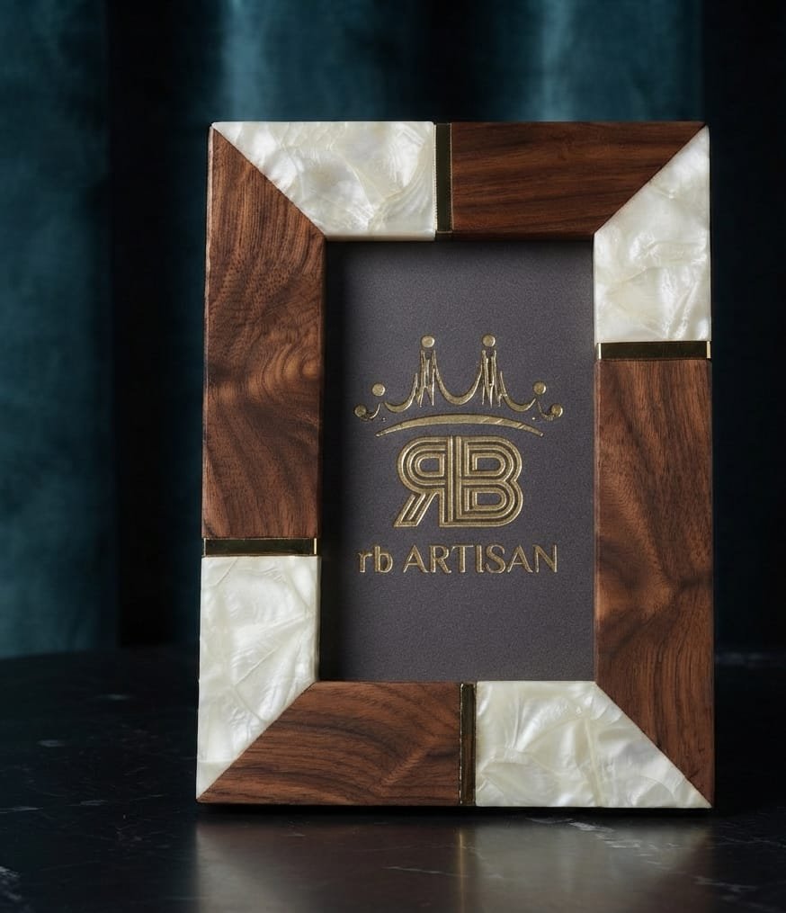 RB ARTISAN Acacia Wood Mother of Pearl Photo Frame 7x5 Inch RB ARTISAN handcrafted acacia wood mother of pearl resin photo frame 7x5 inch gold metal accent luxury picture frame made in India