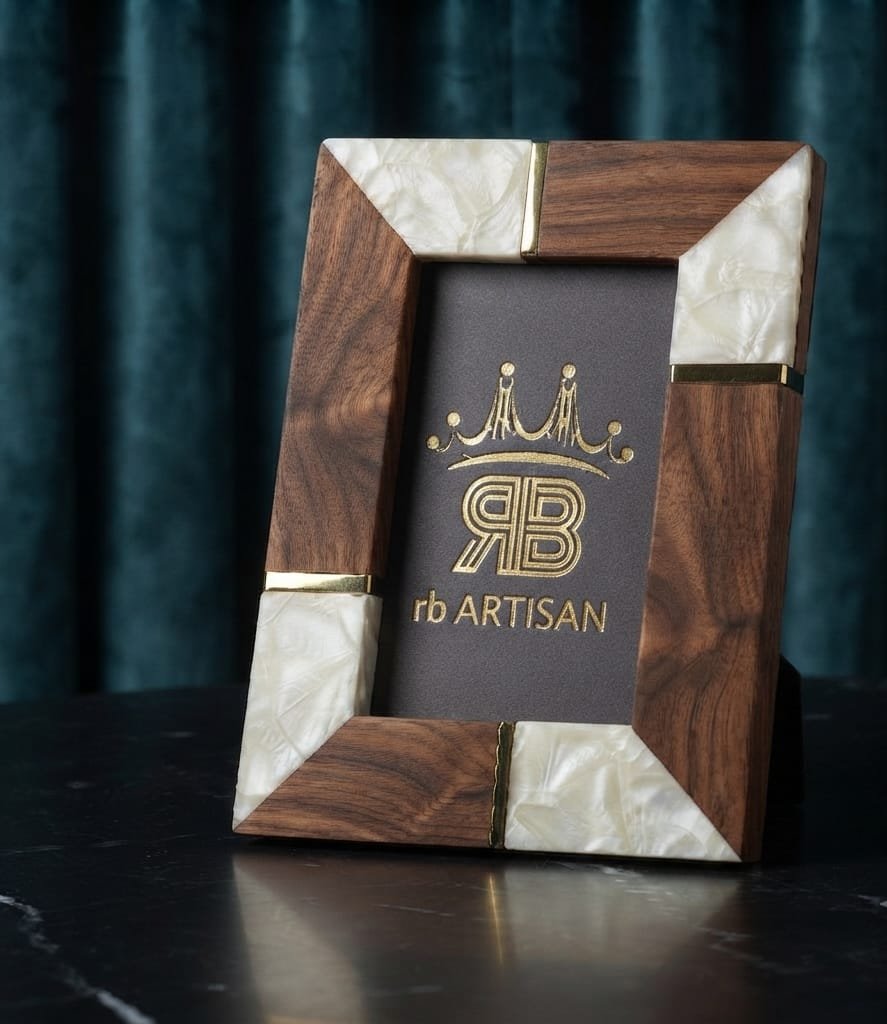 RB ARTISAN Acacia Wood Mother of Pearl Photo Frame 7×5 Inch RB ARTISAN handcrafted acacia wood mother of pearl resin photo frame 7x5 inch gold metal accent luxury picture frame made in India