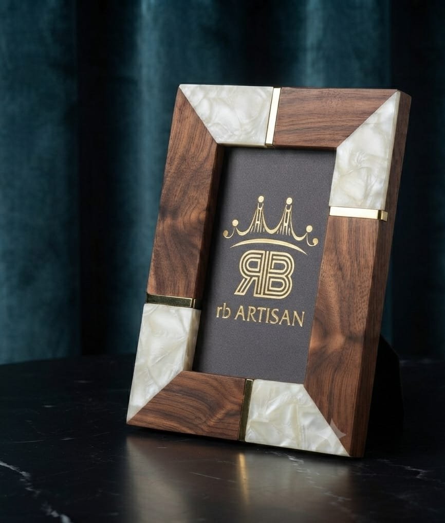 RB ARTISAN Acacia Wood Mother of Pearl Photo Frame 7×5 Inch RB ARTISAN handcrafted acacia wood mother of pearl resin photo frame 7x5 inch gold metal accent luxury picture frame made in India