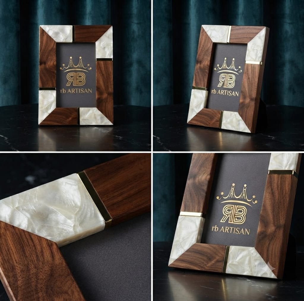 RB ARTISAN Acacia Wood Mother of Pearl Photo Frame 7×5 Inch RB ARTISAN handcrafted acacia wood mother of pearl resin photo frame 7x5 inch gold metal accent luxury picture frame made in India